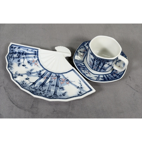 Other - Porcelain Japanese Fan Snack Plate With Cup & Saucer Bamboo Blue & Pink Charity